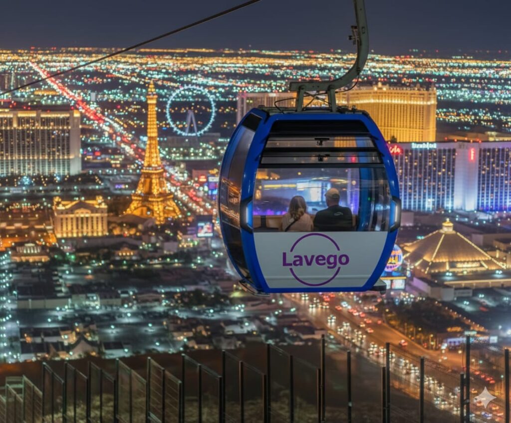 Rendering of a LAVEGO gondola cabin above the illuminated Las Vegas Strip at night