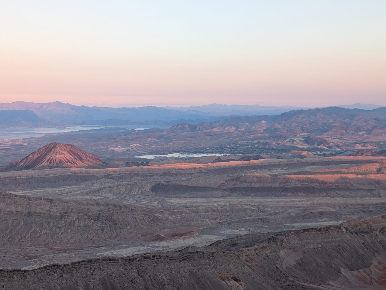 Dusk view east from Frenchman Mountain toward Lake Mead and the desert ranges