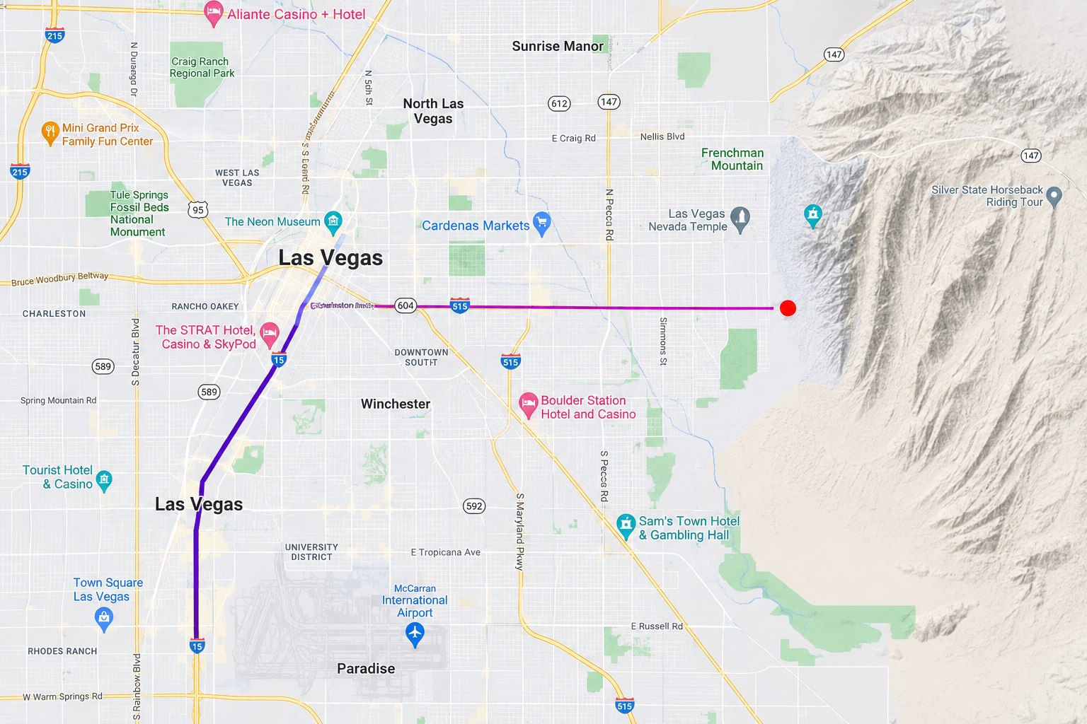 Map of the Las Vegas valley showing the planned gondola alignment from the city out to Frenchman Mountain