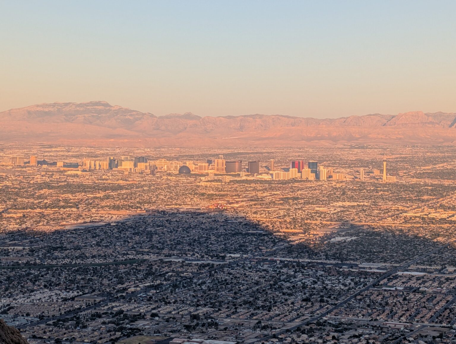 The Las Vegas Strip seen from the slopes of Frenchman Mountain at golden hour